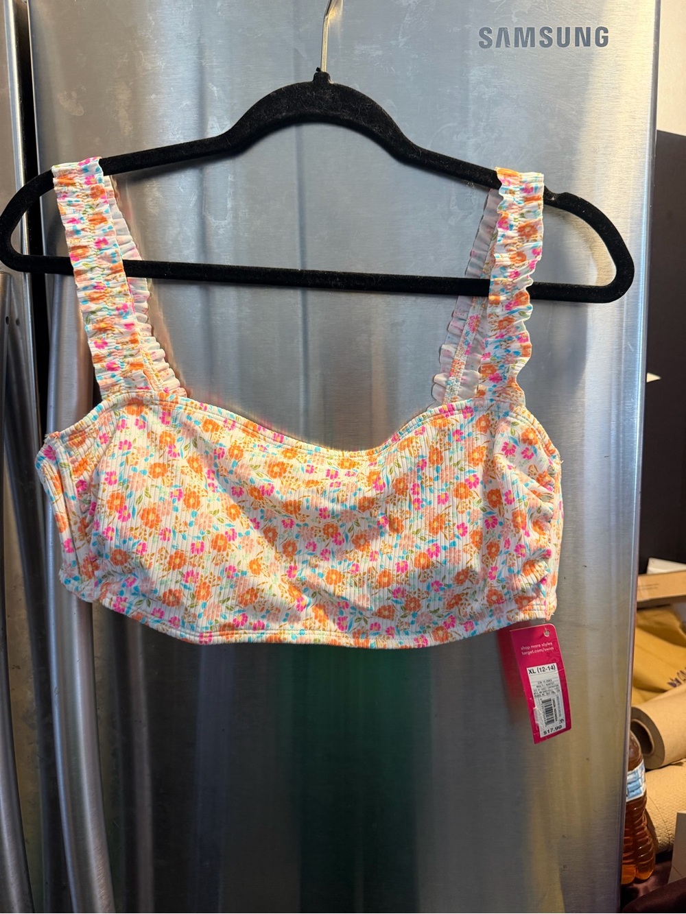 Xhilaration White Floral Ribbed Crop Tank with Pink, Orange & Aqua Flowers